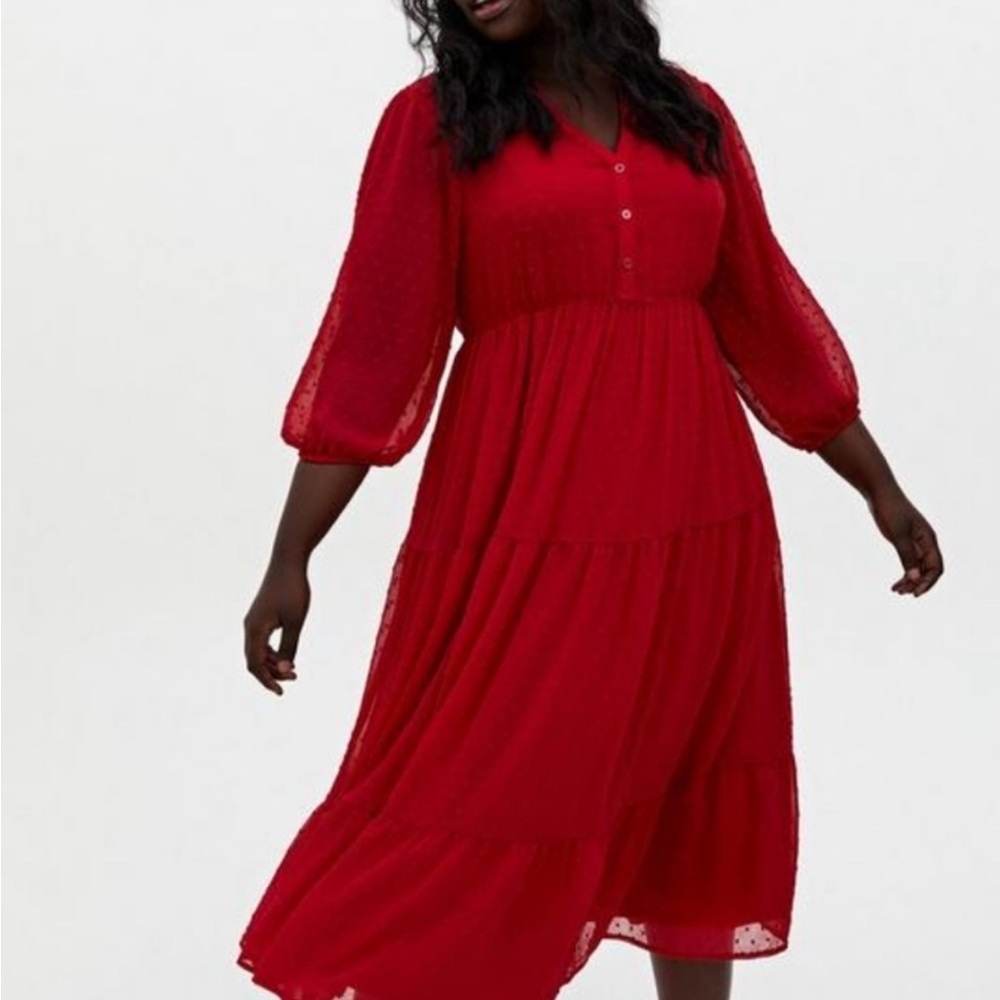 Torid Maxi Chiffon Clip MAXI Dot Pleated Dress Bright Red Size 2 Fully Lined.
